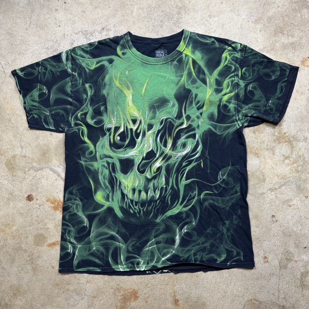 Black & Green Skull Flames Affliction Style Shirt Size XL